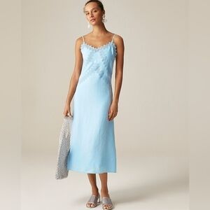 J CREW Lace Trim Slip Midi Dress Blue Linen Summer 2025 Wedding Size 10P PETITE